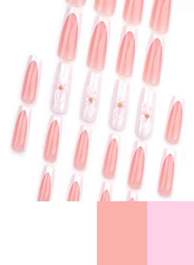 CTTHNBD Press on Nails Medium Square Fake Nails French Tip False Nails with 3D Pink Flower Design Glossy Glue on Nails Ombre Acrylic Nails Full Cover Stick on Nails for Women Spring Manicure 24Pcs - Image 3
